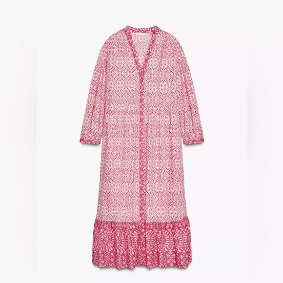 ZARA BOHO PRINTED MIDI RUFFLED DRESS - Picture 13 of 16